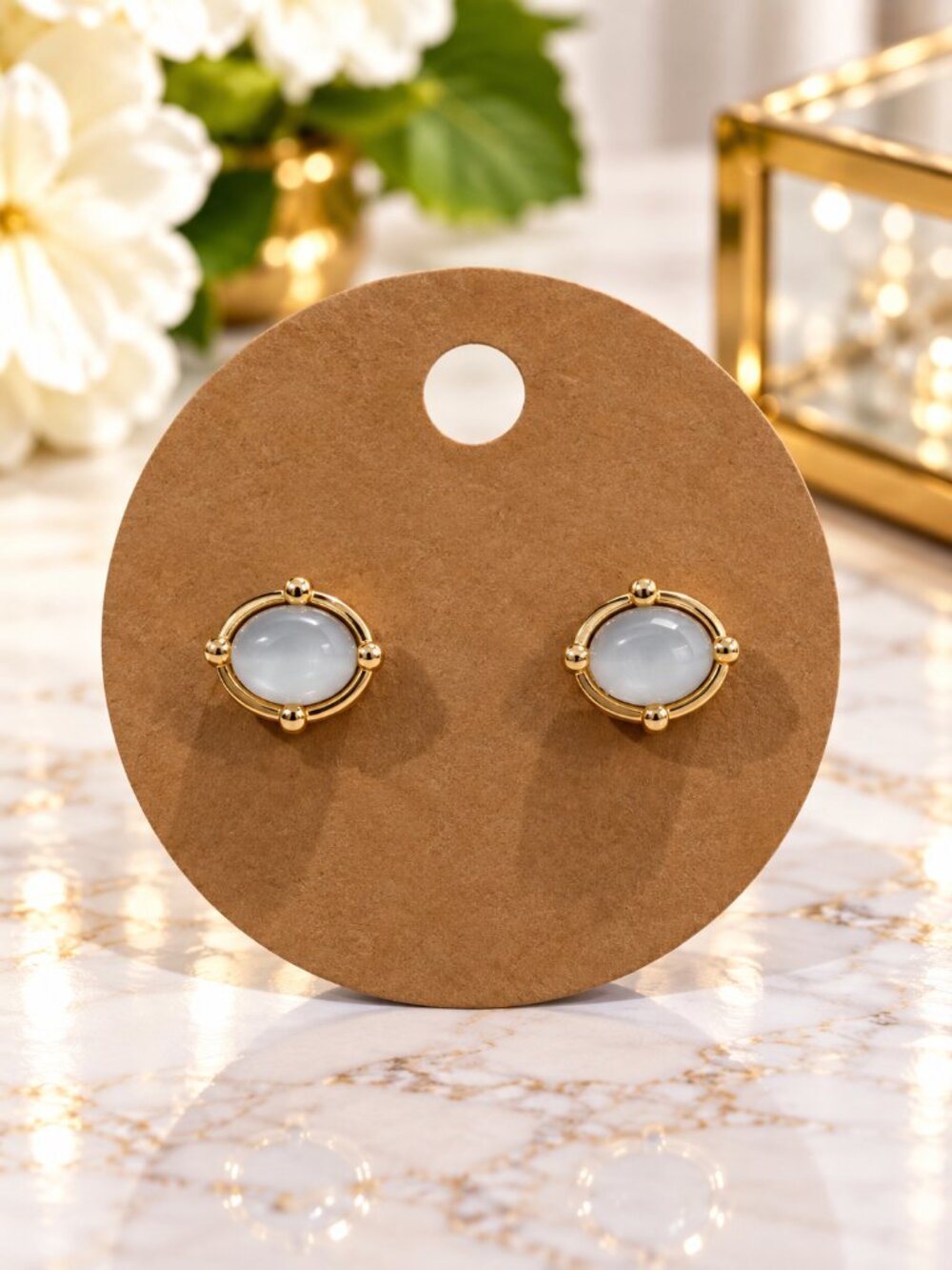 Gold-Accent Oval White Stone Stud Earrings Minimalist Dainty Fashion Jewelry